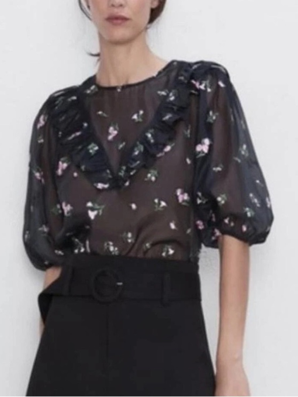 Zara "The Alice Blouse," a sheer black organza top with Embroidered Flowers